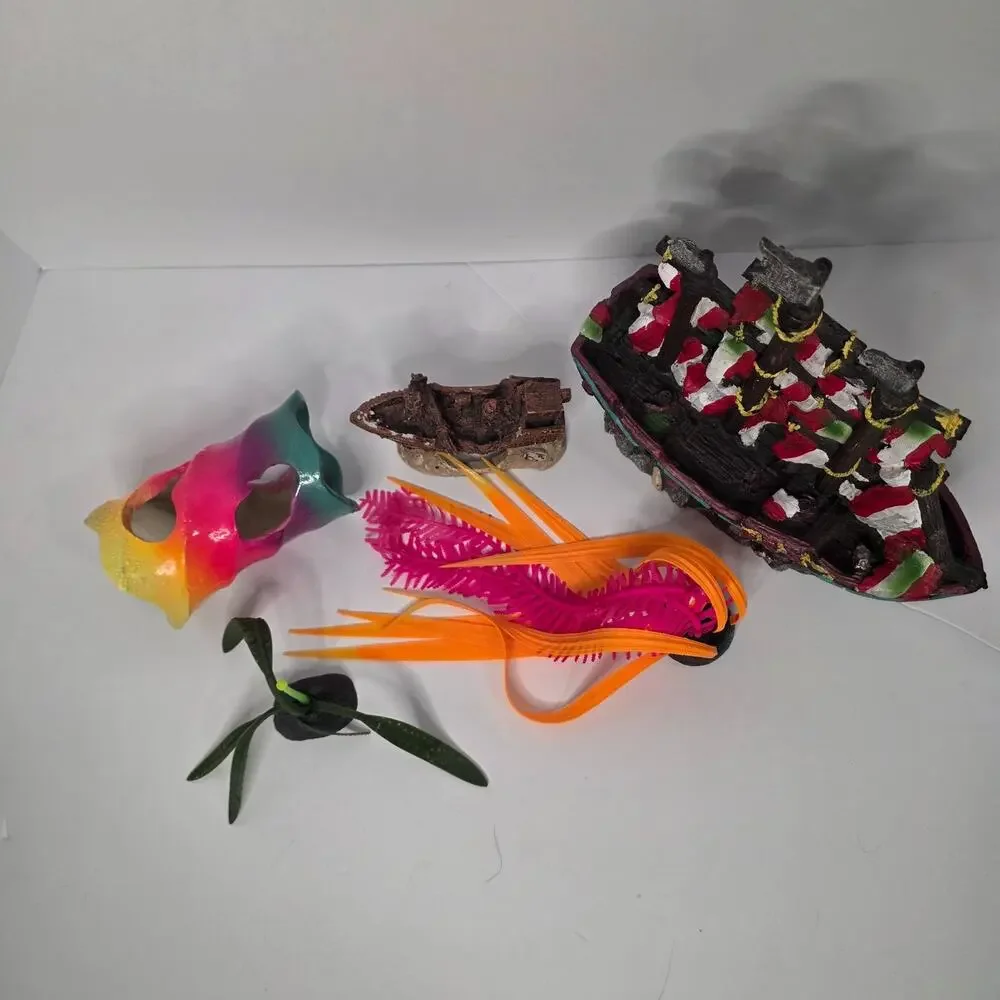 Aquarium Decorations Lot Pirate Ship Wreck Plants Cave Fish Tank Decor
